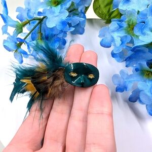 Adorable Feathered Mask Vintage Teal Brooch